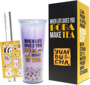 Yumbucha Reusable Boba Tea Cup (24 oz) with Stainless Steel Straw | Insulated Bubble Tea Kit & Personalized Gift for Enthusiasts