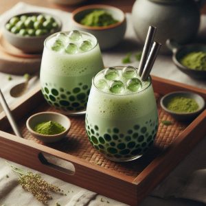 Matcha Bubble Tea On A Tray